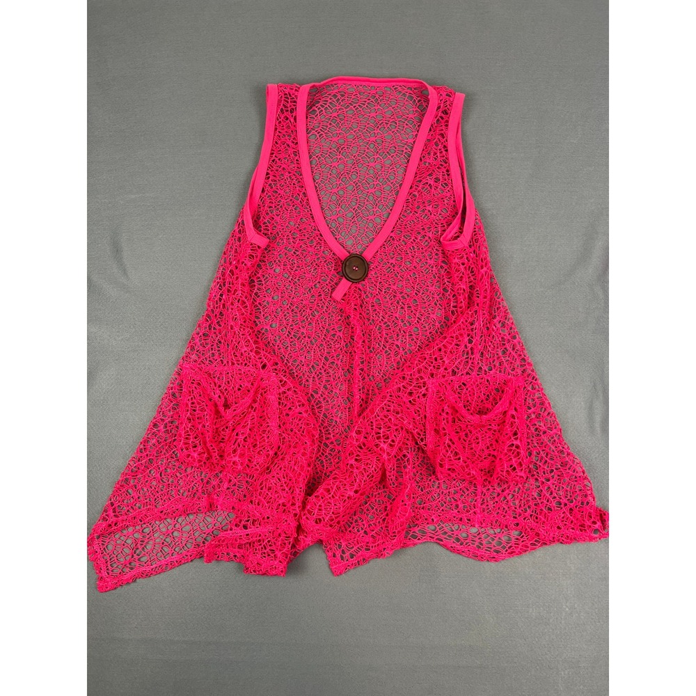 Artsy Lagenlook Crochet Vest Cover Up Pink Asymmetrical Hem Pockets Large